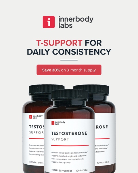 This static creative showcases three bottles of testosterone support supplement with a clear headline emphasizing consistency and a bold 30% discount offer.